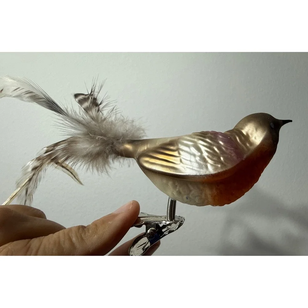 Vtg Painted Multicolor Glass Bird ClipOn Christmas Ornament Feather Tail 7.5 Inc